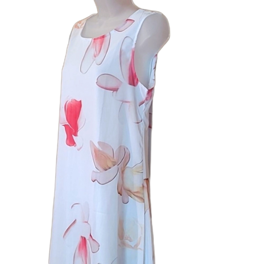 Floral Chiffon Mini Dress Sheer Lined Sleeveless Shift Tunic Boat Neck Flowery - Picture 14 of 17